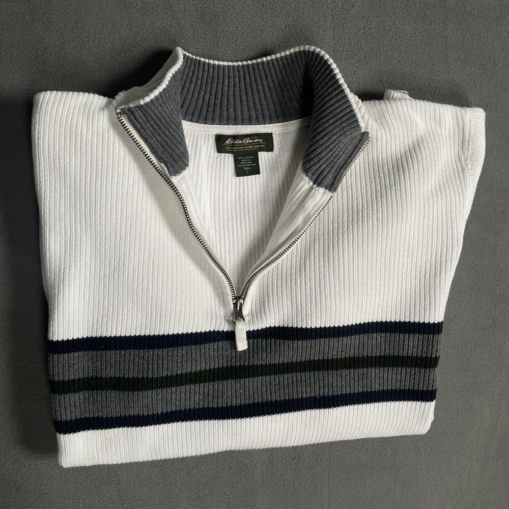 Eddie Bauer Sweatshirt Mens Lrg White Stripped Quarter Zip Knit Tall Ribbed Hem